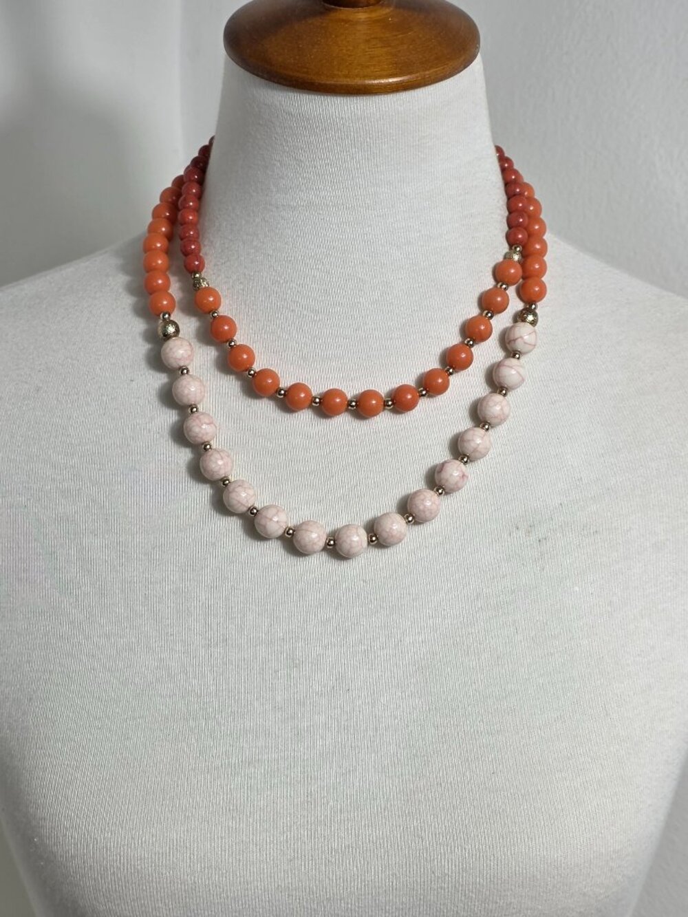 Double Strand Beaded Necklace Pink & Coral Color Beads with Gold Tone Spacers